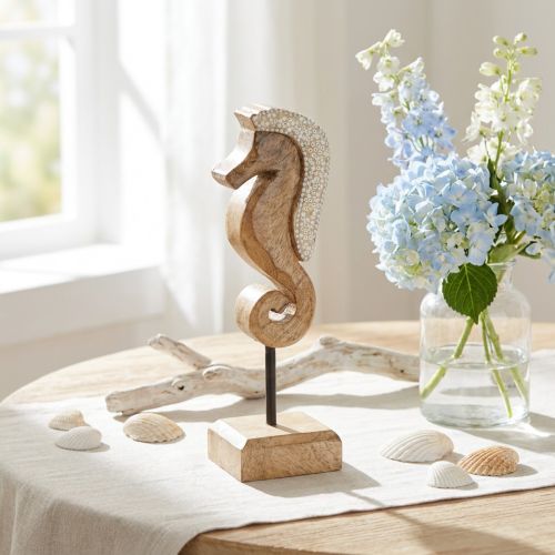 Mangohouten decoratie zeepaardje met parels tafeldecoratie maritiem 20cm | Floristik24.nl