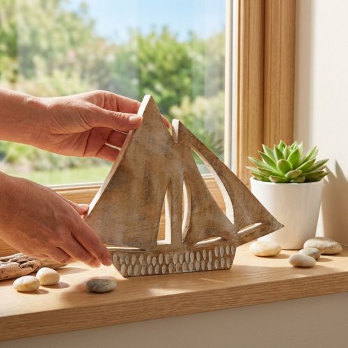 Houten zeilboot, maritieme decoratie, houten boot natuurlijke kleur, wit H23cm | Floristik24.nl