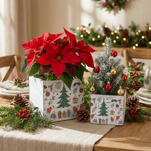 Houten plantenbak kerstdecoratie wit, gekleurd 20×20/15×15cm, set van 2 | Floristik24.nl
