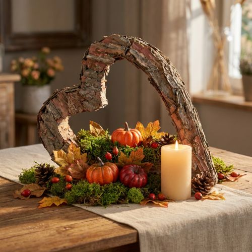 Decoratief hart van hout en dennenschors, 40x32cm, rustieke herfstdecoratie, veelzijdig gebruik | Floristik24.nl