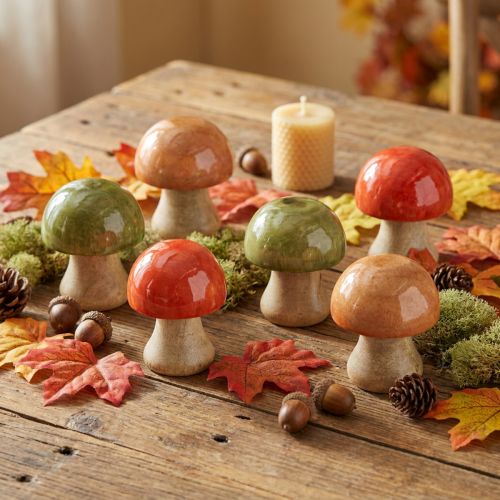 Houten paddenstoelen herfstdecoratie paddenstoelen groen rood oranje H6,5cm 9 stuks | Floristik24.nl