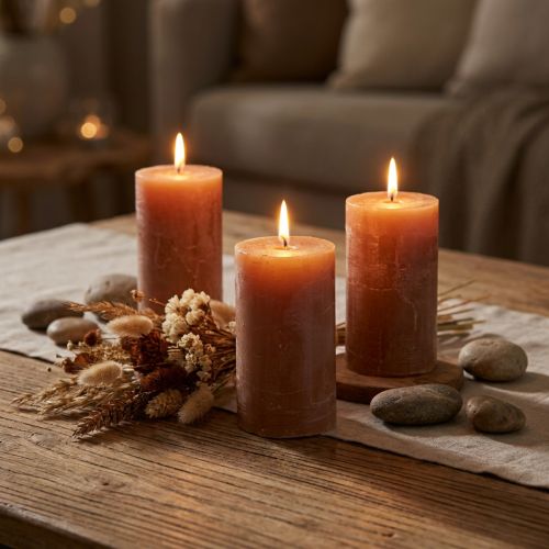 Effen karamelkleurige pilaarkaarsen 70×120mm, set van 4, decoratieve kaarsen, lange brandduur, woondecoratie, tafeldecoratie | Floristik24.nl