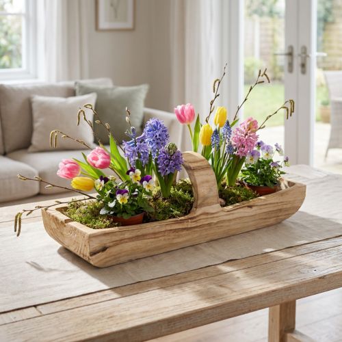 Houten mand met handvat, paulowniahout, 56 × 16 cm, hoogte 16 cm | Floristik24.nl