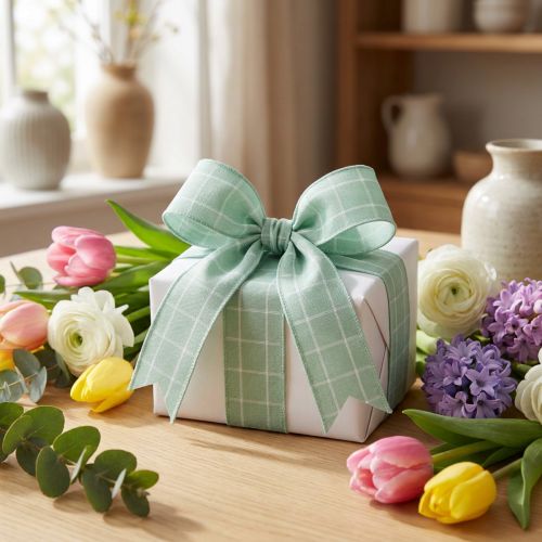 Groen pastel geblokt cadeaulint, decoratief lint, 35 mm breed, 20 m lang | Floristik24.nl