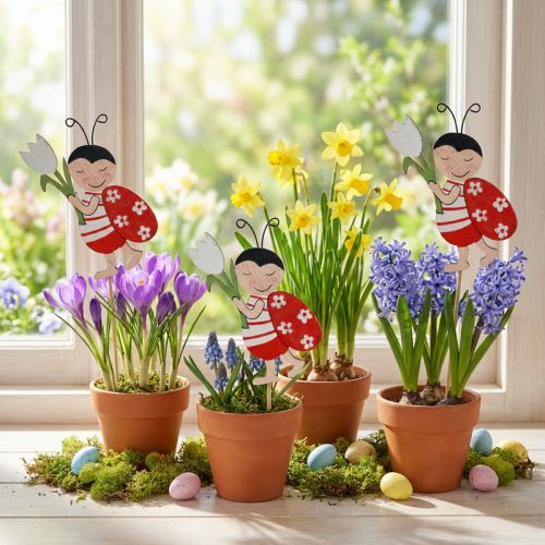Lieveheersbeestje decoratieve bloempluggen hout metaal 8,5cm 12 st | Floristik24.nl