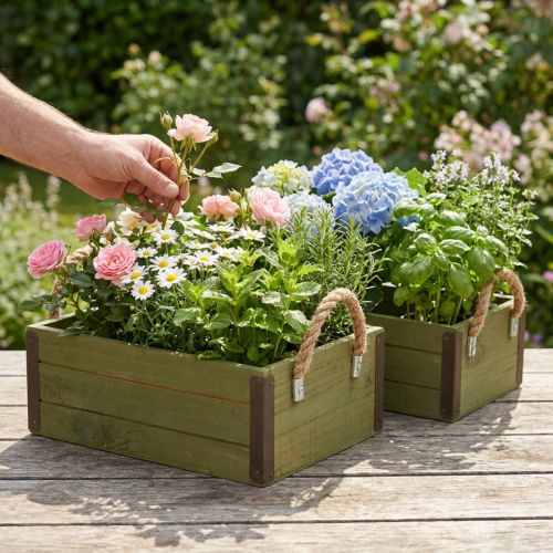 Vintage bloembak houten plantenbak groen L24/30cm set van 2 | Floristik24.nl