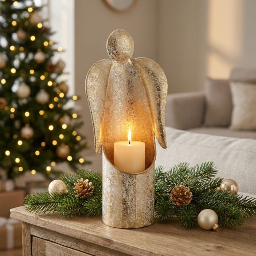 Artikel Kandelaar met engelfiguurtje, goudkleurige feestelijke decoratie, 27 cm