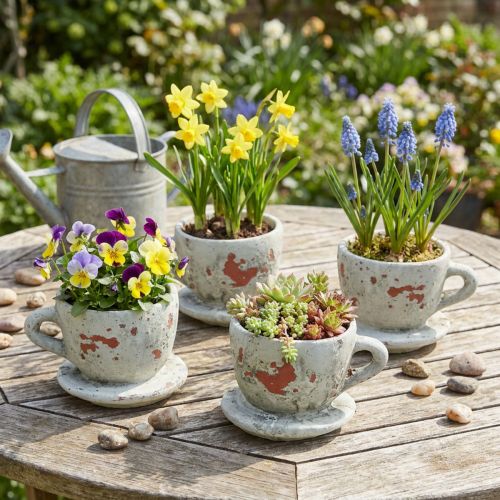 Artikel Plantenpot plantenbak kop en schotel vintage grijs, natuurlijke tint Ø8cm H6,5cm 4 st