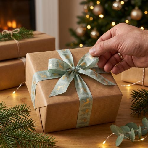 Artikel Cadeaulint met rendieren en kerstbomen, 40 mm x 18 m