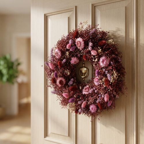 Bloemenkrans, krans van gedroogde bloemen, wijnrood, roze, Ø25cm | Floristik24.nl