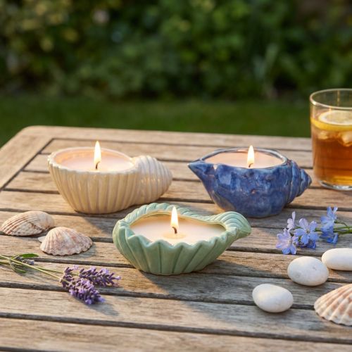 Citronella Kaars Schelp Keramiek Buitenkaars 14cm 3st | Floristik24.nl
