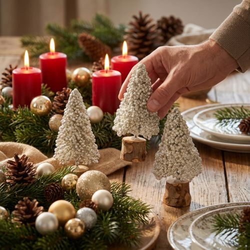 Mini kerstboom tafeldecoratie champagne wit H8cm 12 stuks | Floristik24.nl