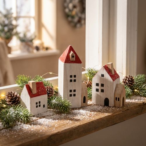 Artikel Decoratieve houten huisjesset, rood en wit, meerdelige winterdecoratie, 13 cm, 6 stuks