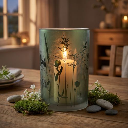 Lantaarn van wit glas met groen weidemotief H18cm | Floristik24.nl