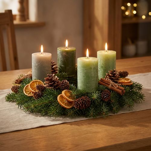 Artikel Groene pilaarkaarsen, 3 tinten, effen kleur, rustiek, 70x100 mm, set van 12, voor decoratie en advent.