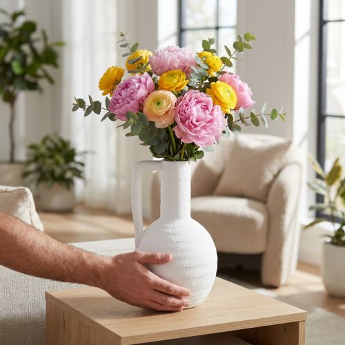 Decoratieve vaas witte bloemenvaas met handvat keramiek H26cm | Floristik24.nl