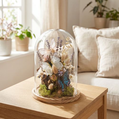 Glazen stolp op houten dienblad, glazen pot, helder, naturel, Ø17cm, H24cm | Floristik24.nl