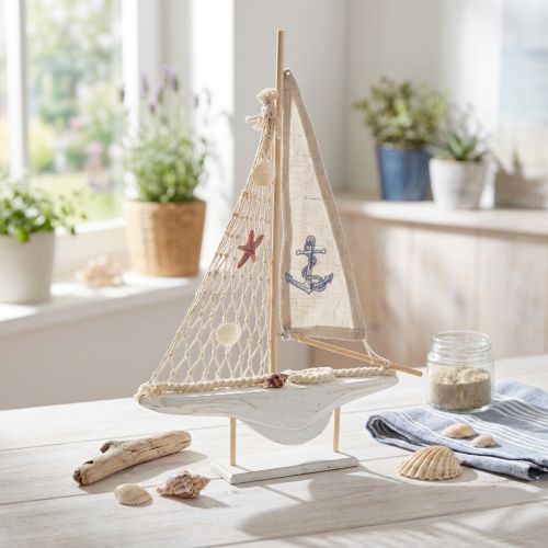 Zeilboot decoratie hout grenen op voet naturel wit H39cm | Floristik24.nl