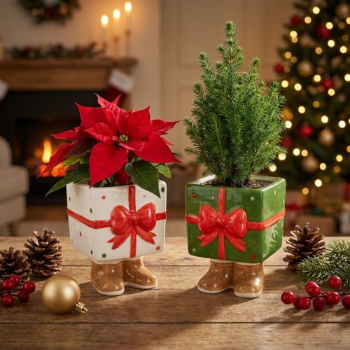 Keramische kerstdecoratie plantenbak cadeau-ontwerp met schattige voetjes | Floristik24.nl
