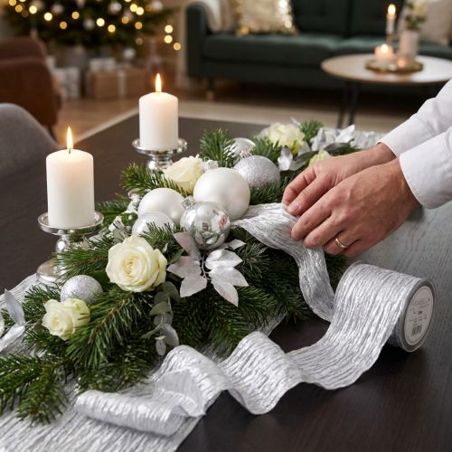 Artikel Decoratief lint cadeaulint tafellint zilver licht 75mm 15m