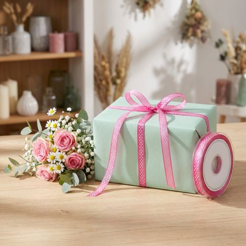 Artikel Decoratief lint met stippen roze 7mm 20m