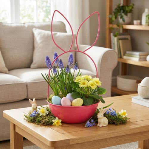 Artikel Paasbloempot, decoratie, konijn, metalen mand voor binnen/buiten, 33 cm