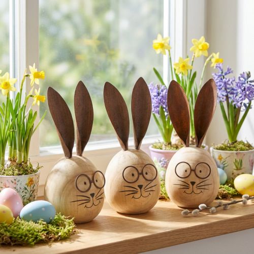 Eivormig konijnenfiguurtje met karakter voor lente- en seizoensdecoratie, 14 cm, 3 stuks | Floristik24.nl