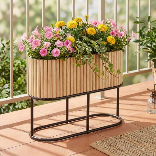 Mini verhoogd plantenbed, jardinière, plantenbak, hout, ovaal, 50×20cm, H40cm | Floristik24.nl