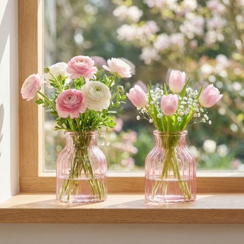 Glazen bloemenvaas, retro, roze getint, Ø11cm, H14.5cm, 2 stuks | Floristik24.nl
