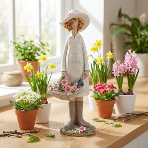 Decoratieve beeldjes van een tuinman, een decoratieve vrouw met bloemen, witroze, H21cm | Floristik24.nl