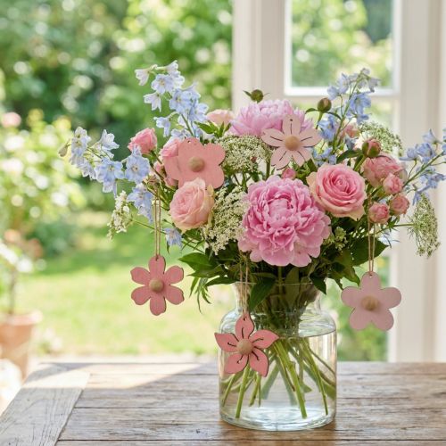 Houten bloemen hangdecoratie hout zomerdecoratie roze 4,5cm 24 st | Floristik24.nl