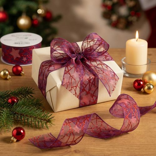 Artikel Glanzend decoratief lint met sterrenpatroon voor kerstversiering, 40 mm x 15 m