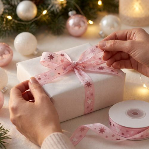 Lint Kerstcadeaulint roze sterpatroon 15mm 20m | Floristik24.nl