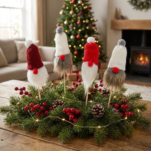 Kabouter om op te plakken met gebreide muts rood, wit, grijs 11–13cm L34–35,5cm 12 st | Floristik24.nl