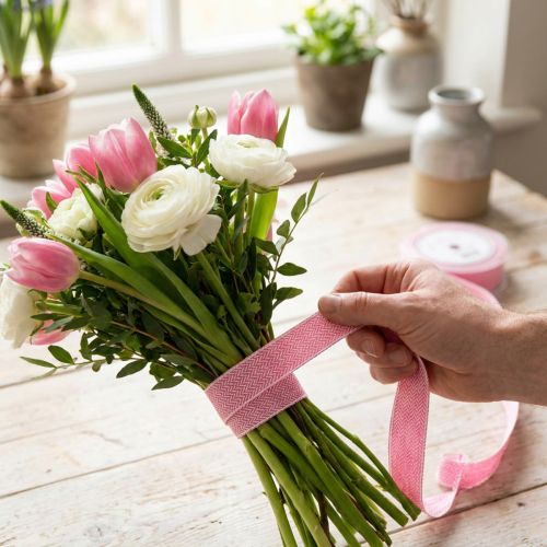 Cadeaulint visgraatmotief lint wit roze 25mm 15m | Floristik24.nl