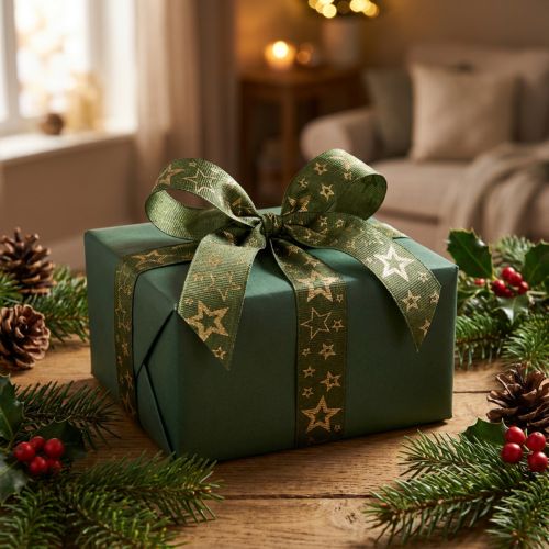 Kerstdecoratielint met sterren groen goud B25mm L15m | Floristik24.nl