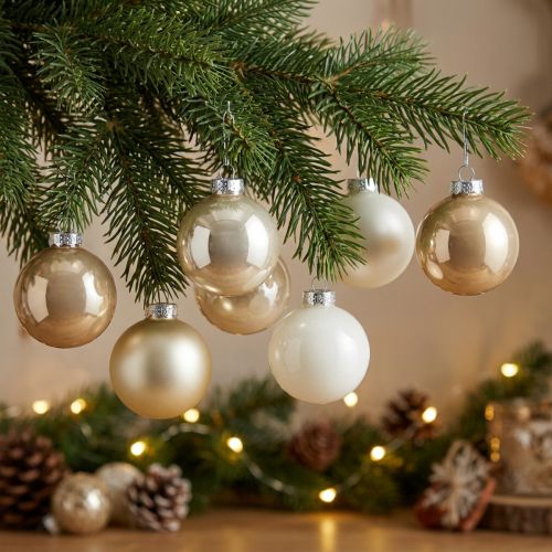 Artikel Kerstboomballenmix, kerstversiering, mini-kerstboomversiering wit/parelmoer H4,5cm Ø4cm echt glas 24 stuks