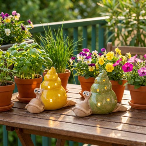 Keramische decoratieve slak met ledverlichting. Leuke tafeldecoratie voor thuis en op het balkon. 12 cm, 2 stuks. | Floristik24.nl