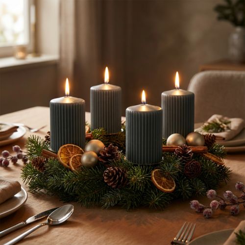 Antraciet pilaarkaarsen, gegroefde kaarsen, 70/90mm, set van 4, Adventsdecoratie | Floristik24.nl