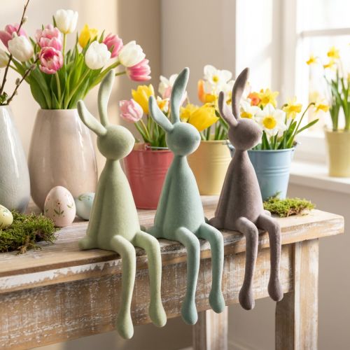 Paashaasdecoratie, zittende konijntjes, fluweelachtig, groen/bruin, 36 cm, 3 stuks | Floristik24.nl
