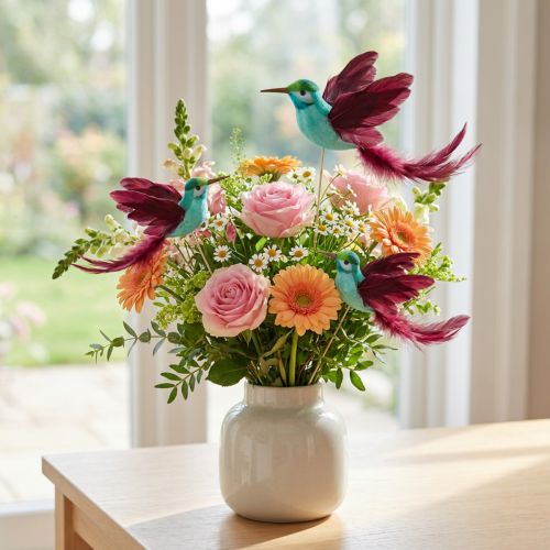 Kolibrie decoratie op stok turkoois bordeaux 13-15cmx9-10cm 6 stuks | Floristik24.nl