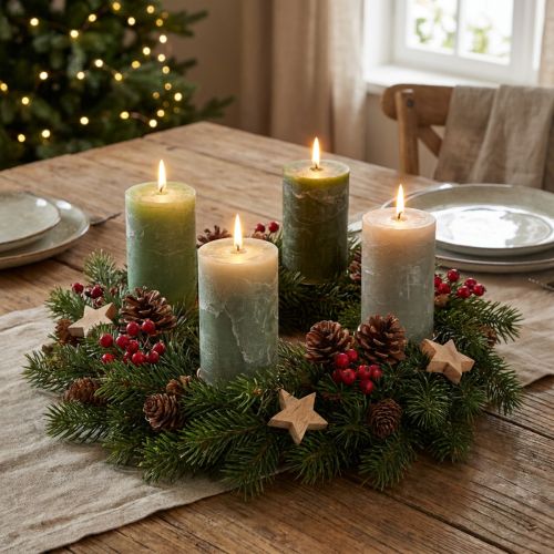 Artikel Set pilaarkaarsen, 3 kleuren, groen, effen kaarsen, tafeldecoratie, 70x120mm, 12 stuks