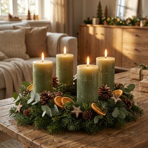 Olijfgroene pilaarkaarsen in effen kleur, 60×100 mm, set van 4, landelijke stijl, boho, Advent | Floristik24.nl