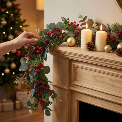 Kerstkrans, dennentakken, eucalyptus, coniferen, bessen, 160cm | Floristik24.nl