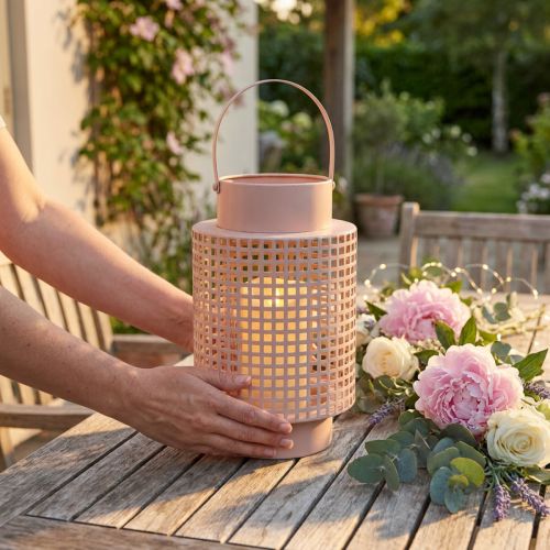 Decoratieve lantaarn roze metalen lantaarn met handvat Ø18cm H29cm | Floristik24.nl