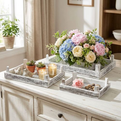 Decoratief dienblad hout shabby chic arrangement onderlegger set van 3 | Floristik24.nl