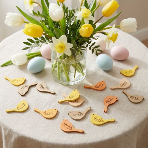 Strooidecoratie vogeldecoratie hout lente geel/beige/oranje Ø4cm 72 st | Floristik24.nl