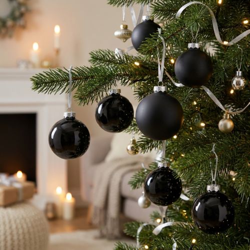 Kerstboomballen, boomhangers, glazen bollen zwart H6,5cm Ø6cm echt glas 24 st | Floristik24.nl