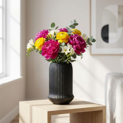 Keramiek vaas met groeven Zwarte keramiek vaas Ø13cm H20cm | Floristik24.nl