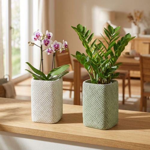 Artikel Plantenbak keramiek wit groen reliëf mesh 14x14cm H21.5cm 2st